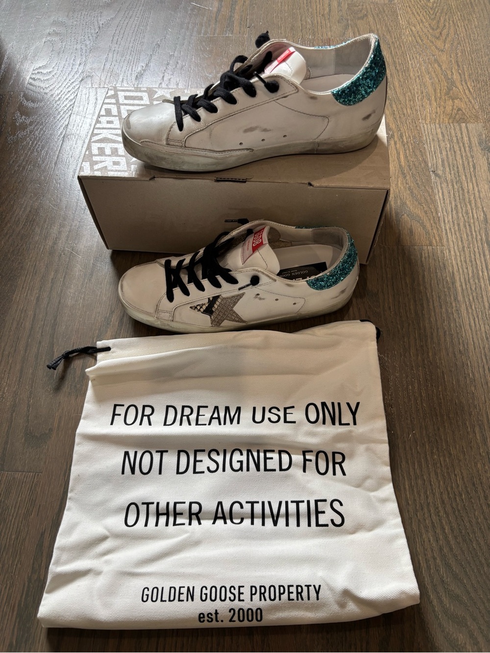 Golden Goose Kids White Sneakers with Teal Glitter Heel Accent